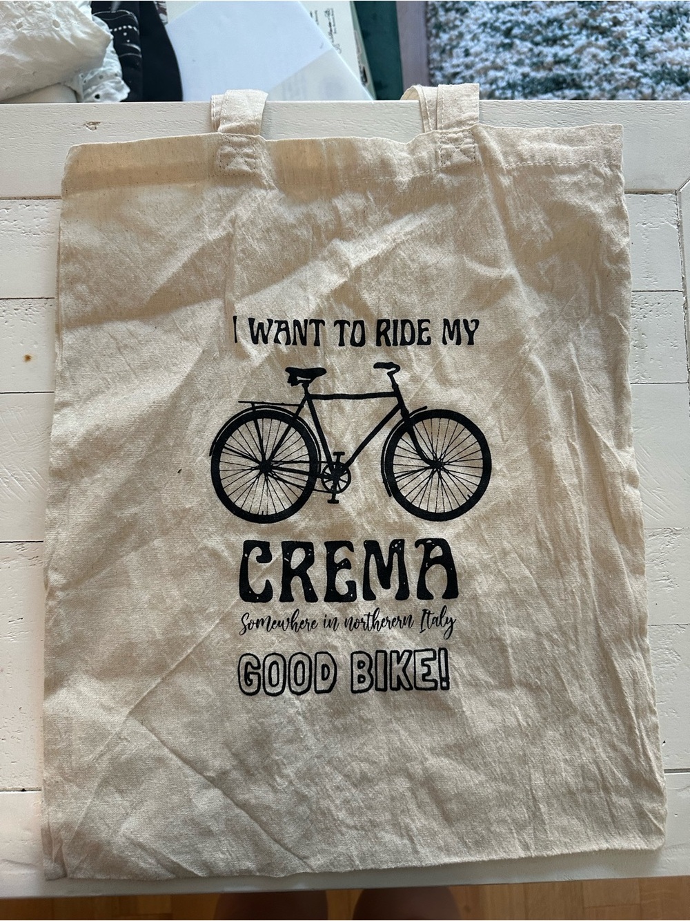 Crema italy call me by your name Graphic Tote Bag with Black Bike Print